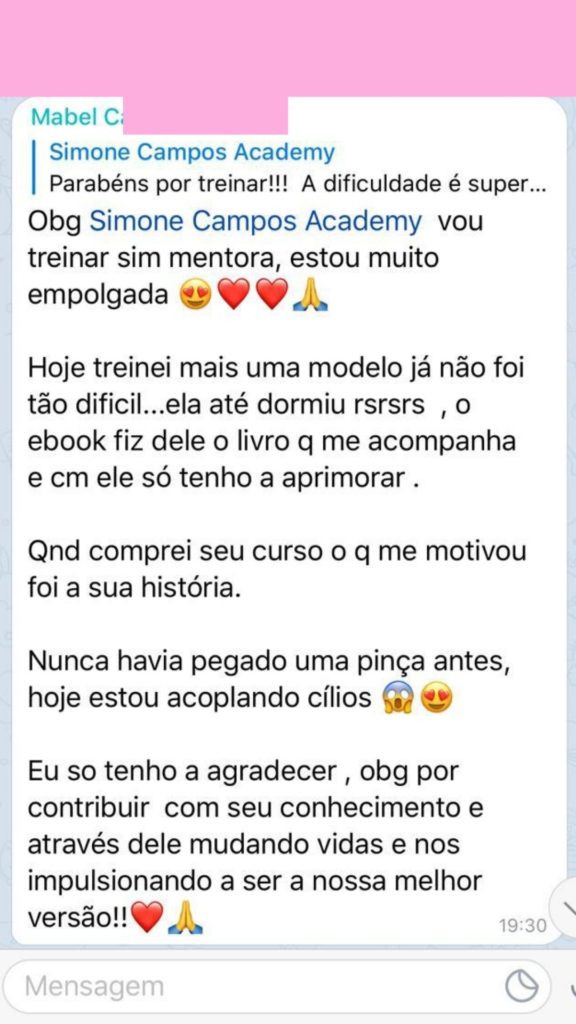 Depoimento do Curso extensão de cílios fio a fio da Simone Campos