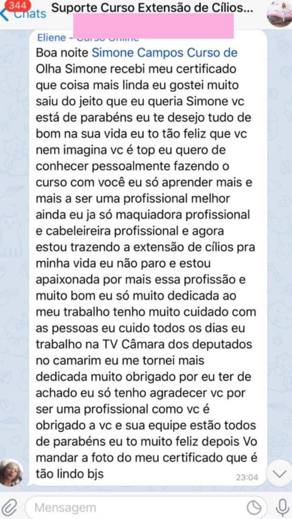 Depoimento do Curso extensão de cílios fio a fio da Simone Campos